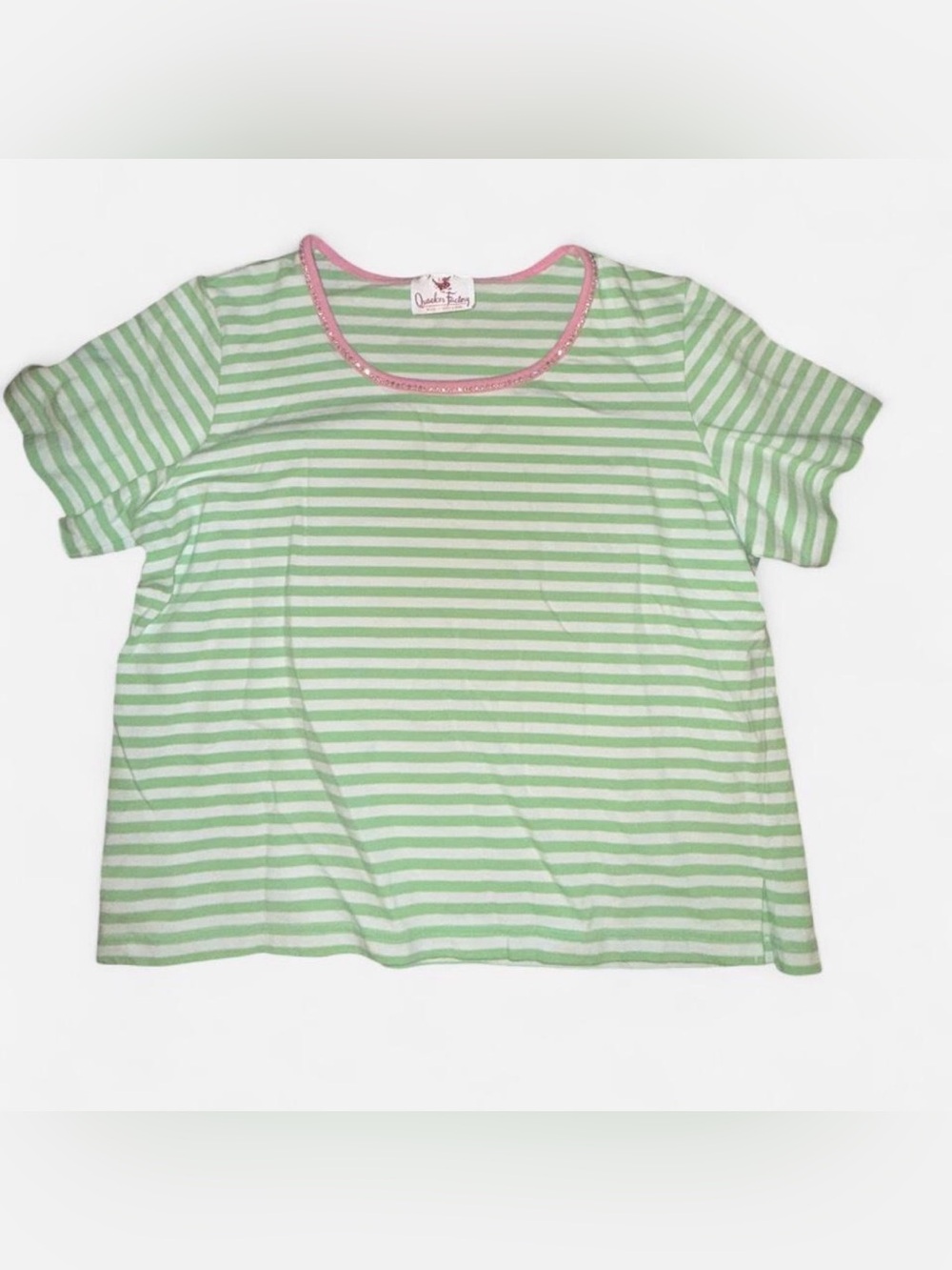 Quacker Factory Green & White Striped Tee with Pink Trim